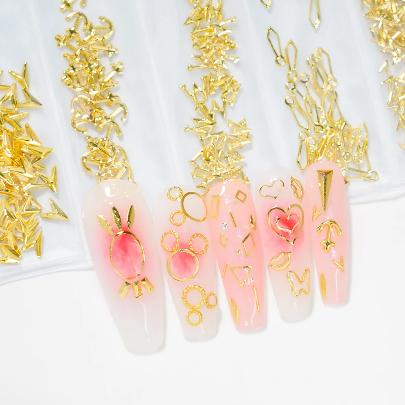 6 Grids/Pack 3D Gold Metal Mixed Twisted Curved Strip Moon Leaf Nail Art Decoration Alloy Charms Accessories