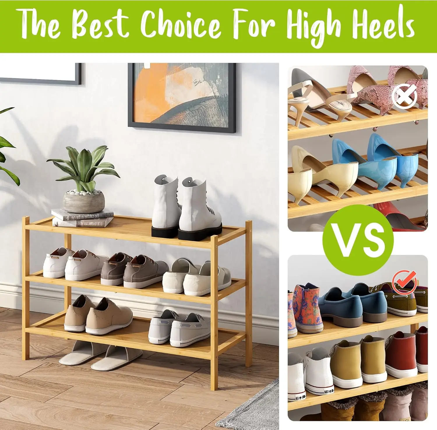 Premium 3-Tier Bamboo Shoe Rack Living Room Entryway Organizer with Stackable Shoe Shelf Storage Cabinet for Home Use