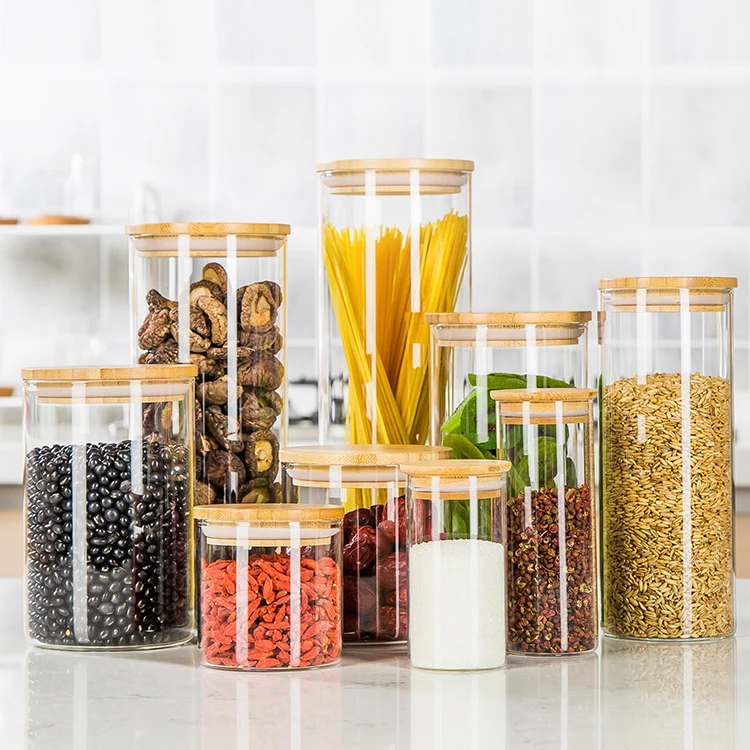 Горячая Распродажа банки с бамбуковой крышкой герметичные контейнеры для хранения пищевых продуктов стеклянные диспенсер хлопьев банка