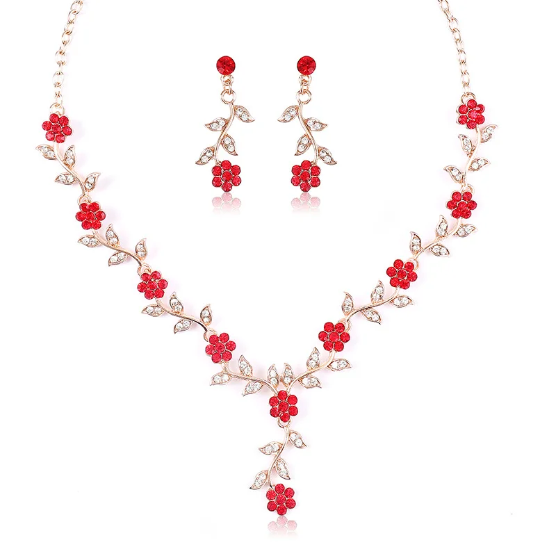 New Design Bridal Wedding Jewelry Set Women Girls Crystal Rhinestone Flower Necklace Earring Set For Dress