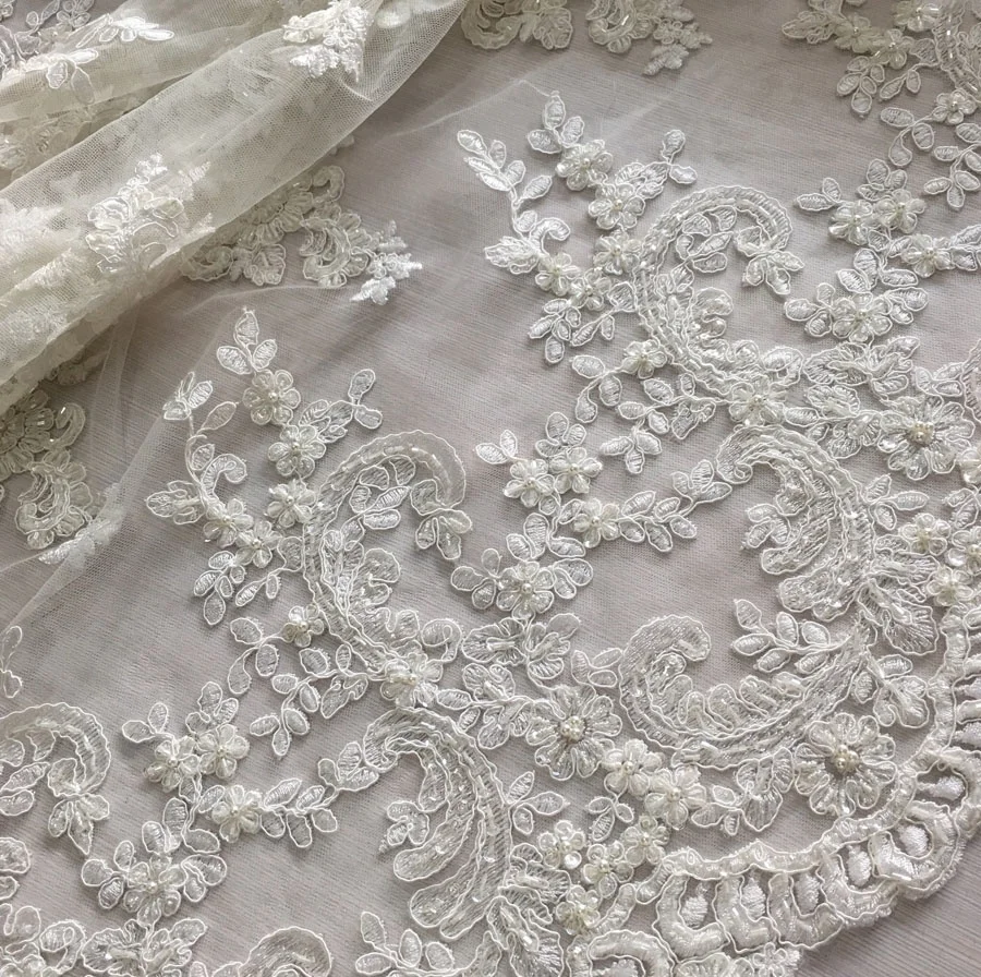 high quality bridal cord lace fabric hand beaded sequin embroidery lace fabric , fancy wedding dress fabric