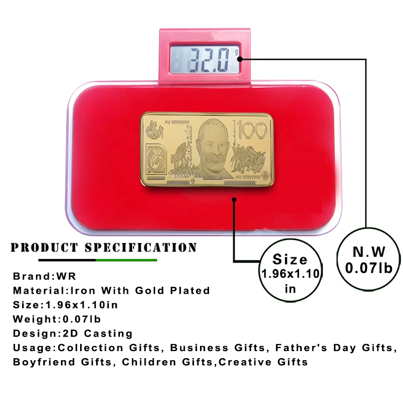 Wholesale Square Commemorative Coin Australia 100 AUD Metal Gold Plated Bullion Bars for Souvenir Gift