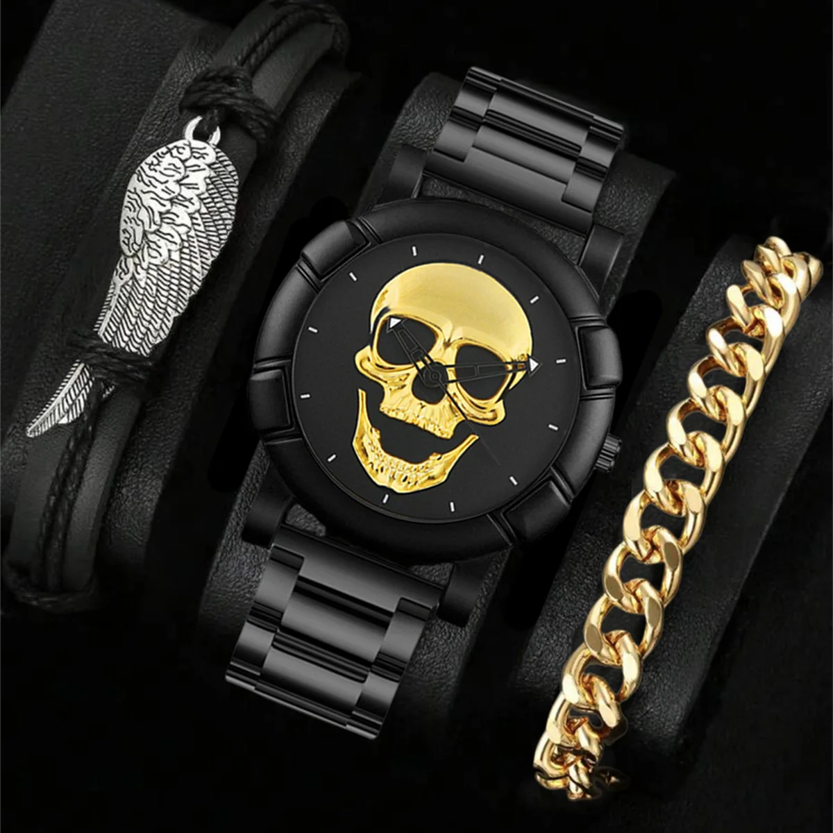 3PCS Halloween Mens Skull Watch Classic Hiphop Fashion Male Black Bracelet Watch Set Outdoor Casual Sports Wristwatch For Men