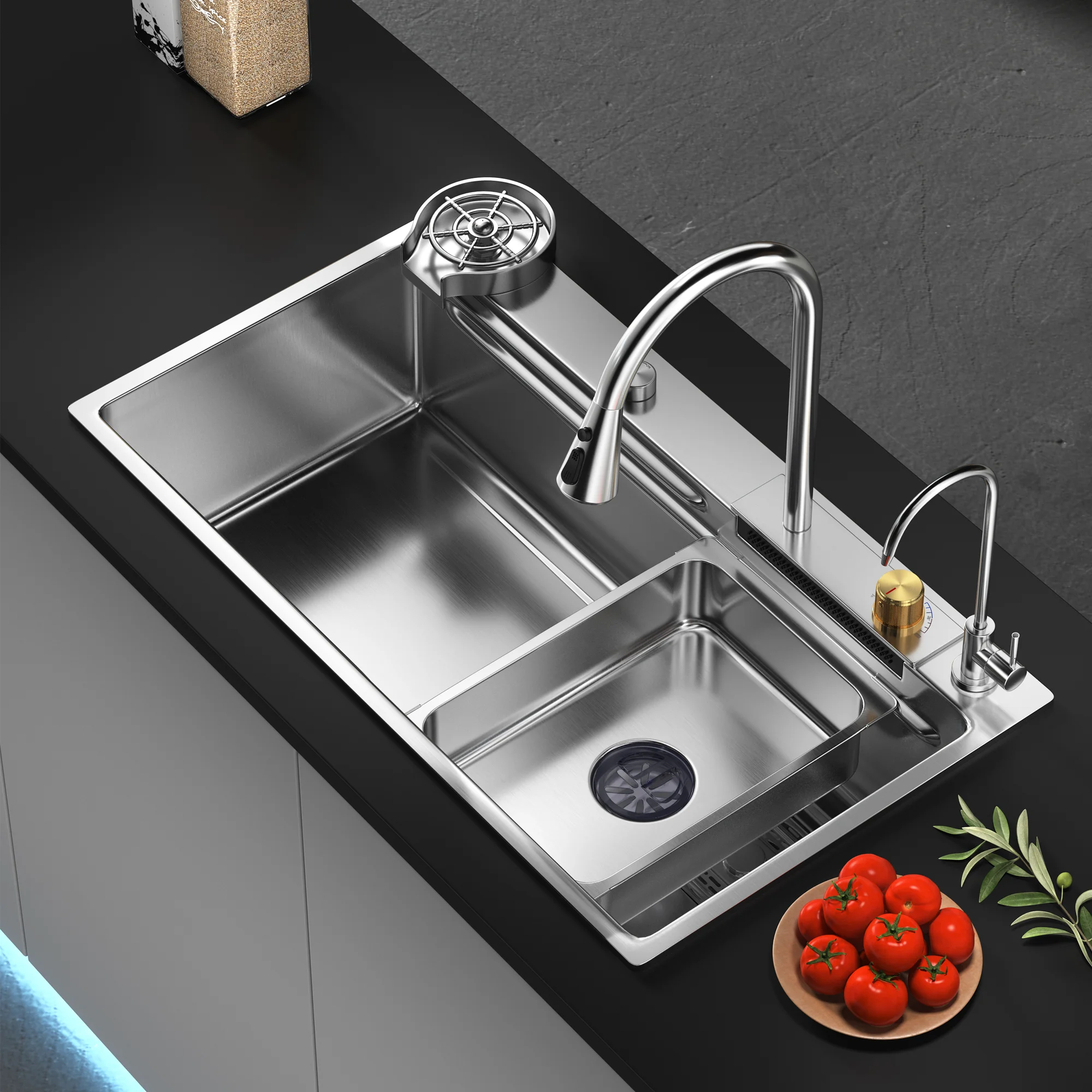 Solovia Modern Luxury Square Single Bowl Undermount Kitchen 304 Stainless Steel Competitive Price Four-Hole Faucet OEM