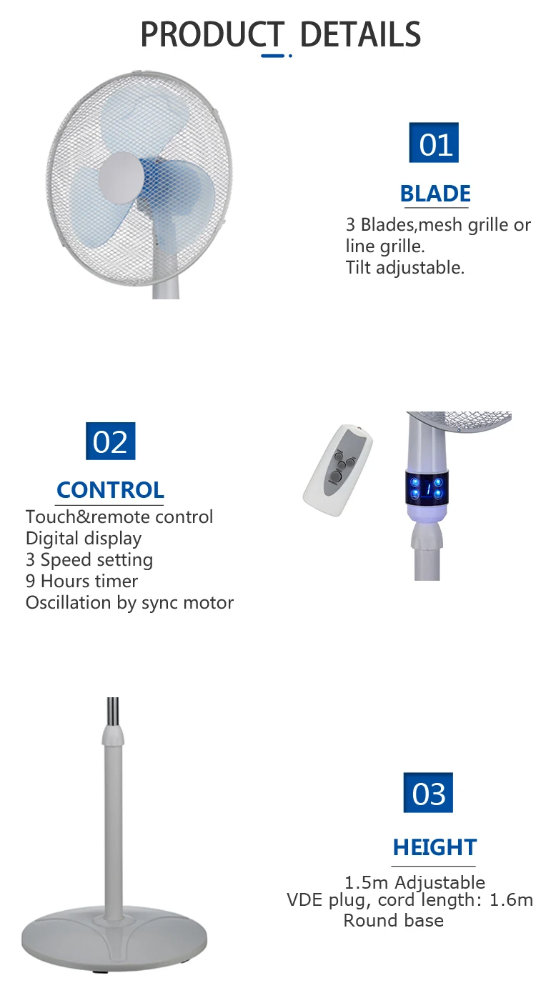 Silent copper motor home plastic smart touch timer 16 inch electric stand pedestal fan with remote control