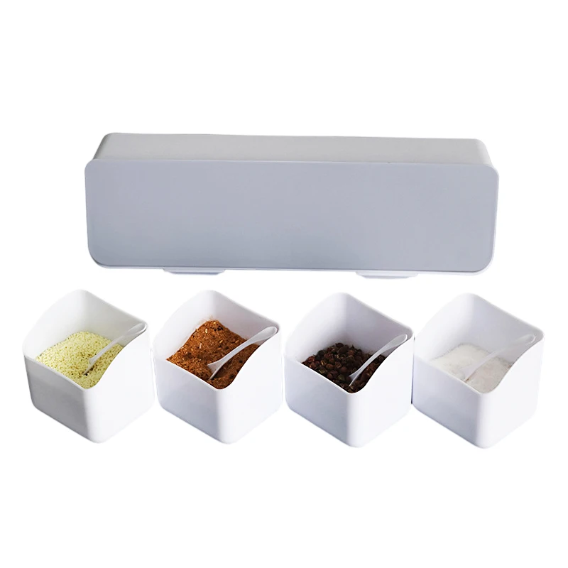 Wholesale Kitchen Product Plastic Wall Mounted Condiment Storage Jars Racks Set 4 Grids Seasoning Box Spice Container With Spoon