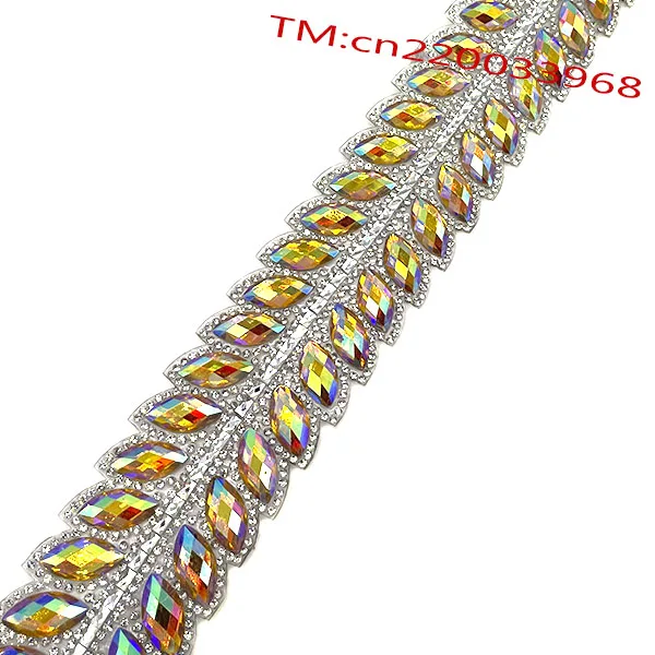 Horse eye Leaf shape Iron on yellow AB gems alternates gold base Hot fix rhinestone chain trimming for Carnival dress decoration