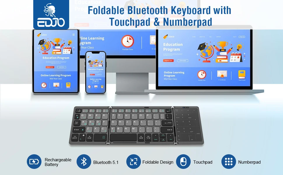 Foldable  Keyboard, Rechargeable Portable Wireless Keyboard with Touch pad & Number Pad for Android, Windows, iOS