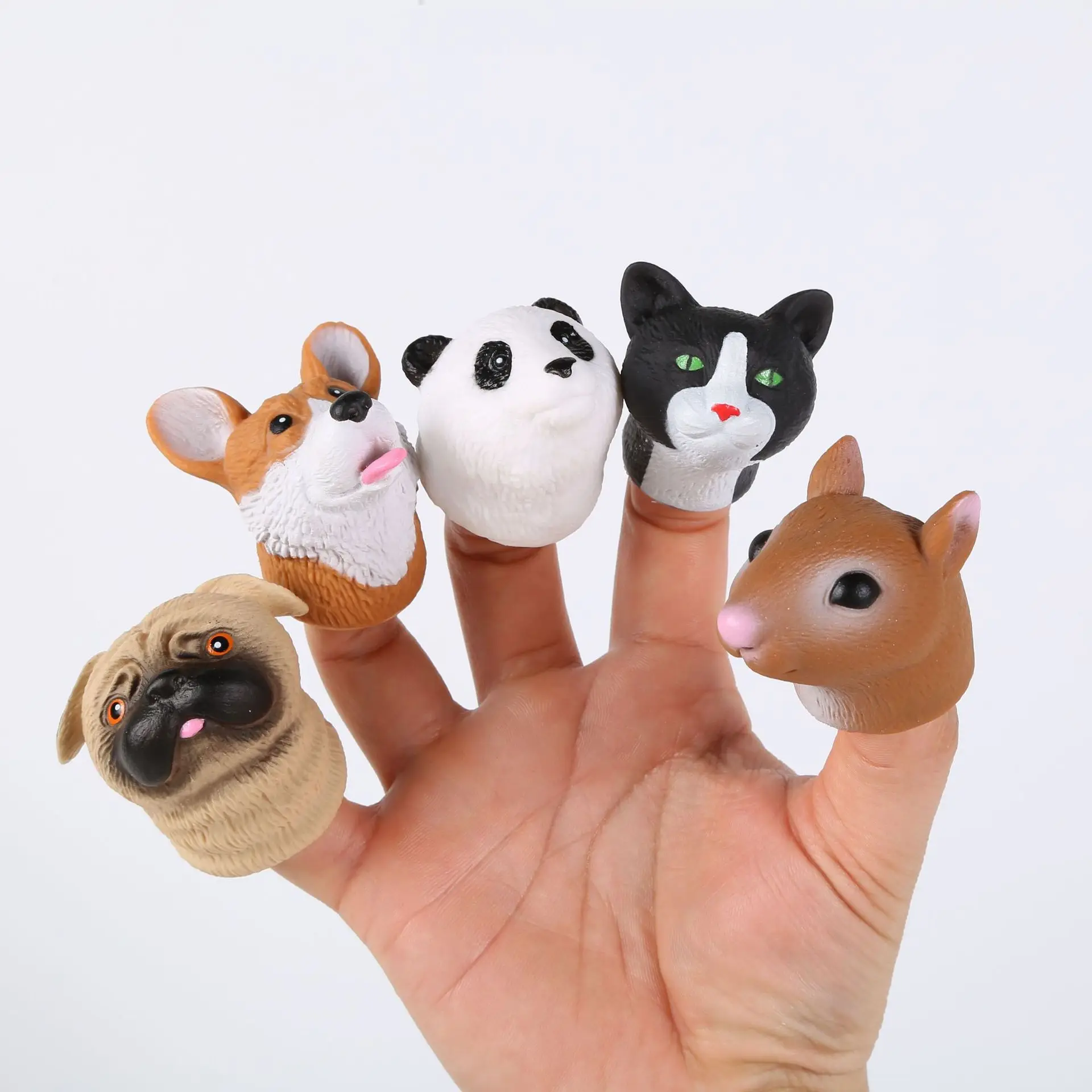 Custom baby cartoon animal puppet finger kids doll toy set soft children plastic squirrel tiny hand