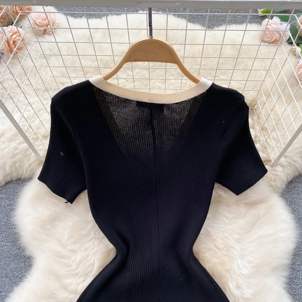 2024 Summer New Knitted Dress Women Contrast Color V Neck Temperament Dress Lady Slimming Short Sleeve Dress