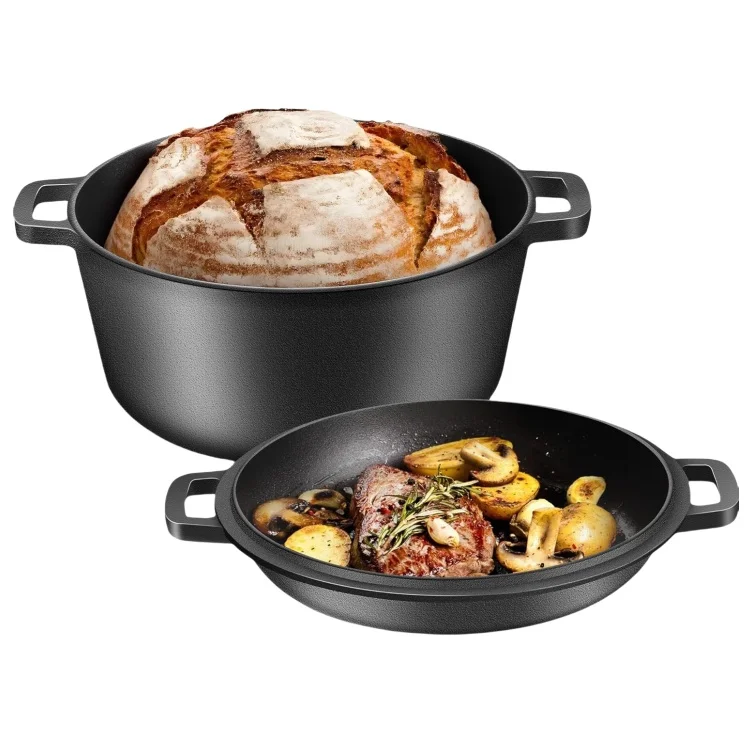 Preseasoned Cast Iron Dutch Oven 2 in 1 Combo Cooker  Dutch Oven With Skillet Lid Cast Iron Skillet Cookware Pan Set