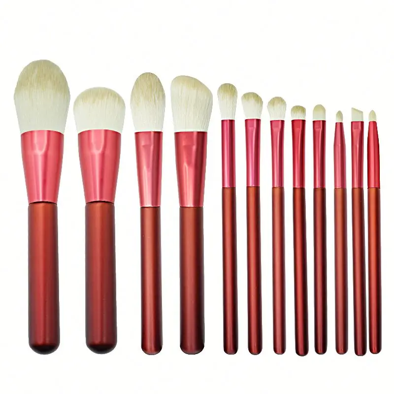 12 Chinese Red Wooden Handle Makeup Brush Set Fiber Hair Small Grape PowderBeauty Makeup Tools