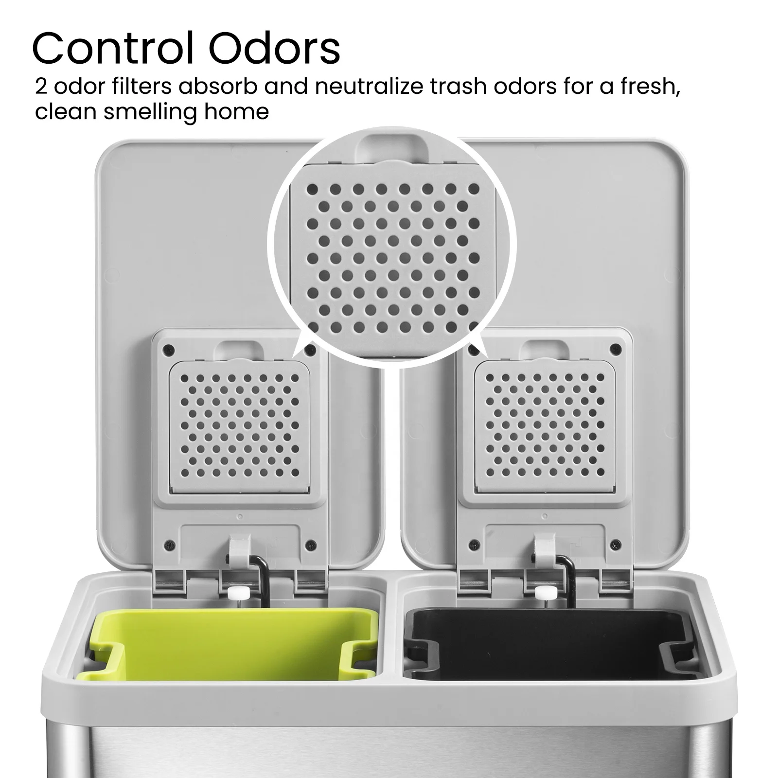 60 Liter 13 Gallon Hands Free Dual Compartment Step Trash Can with Soft Close Lid Brushed Stainless Steel Waste Bin