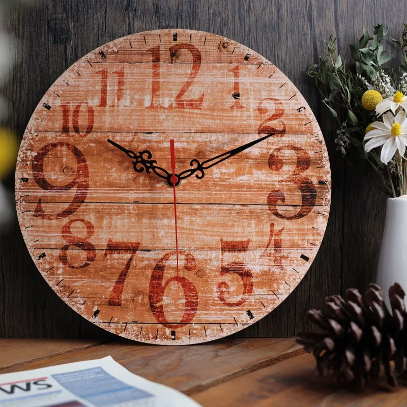 30cm Silent Battery Operated Farmhouse wall cloks Wooden Round Vintage Home Decor mdf Wall Clock