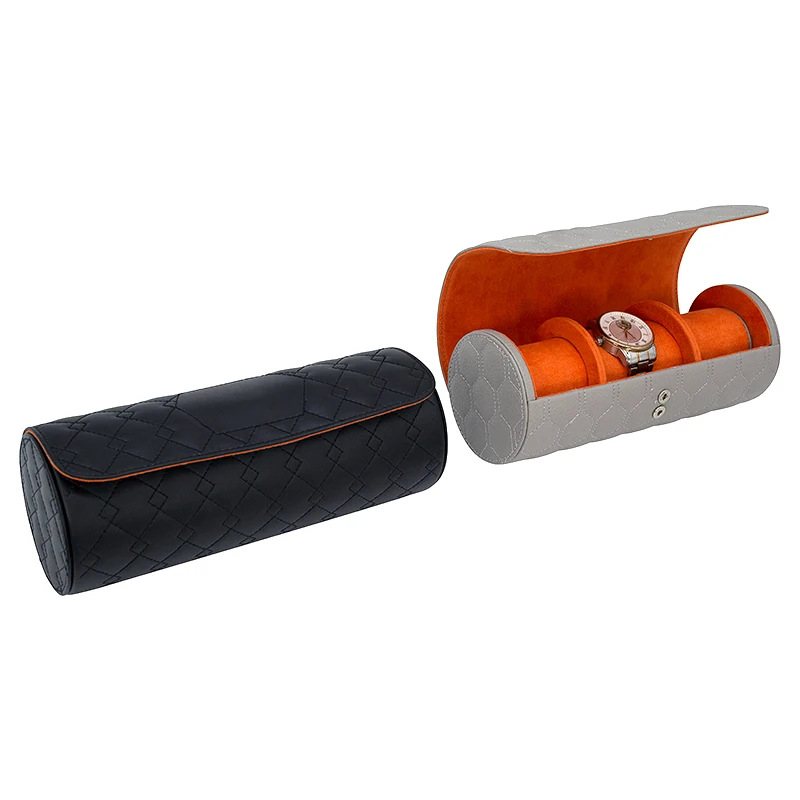 Dropshipping 3 Slots Round Black Watch Roll Leather Portable Travel Watch Case Box