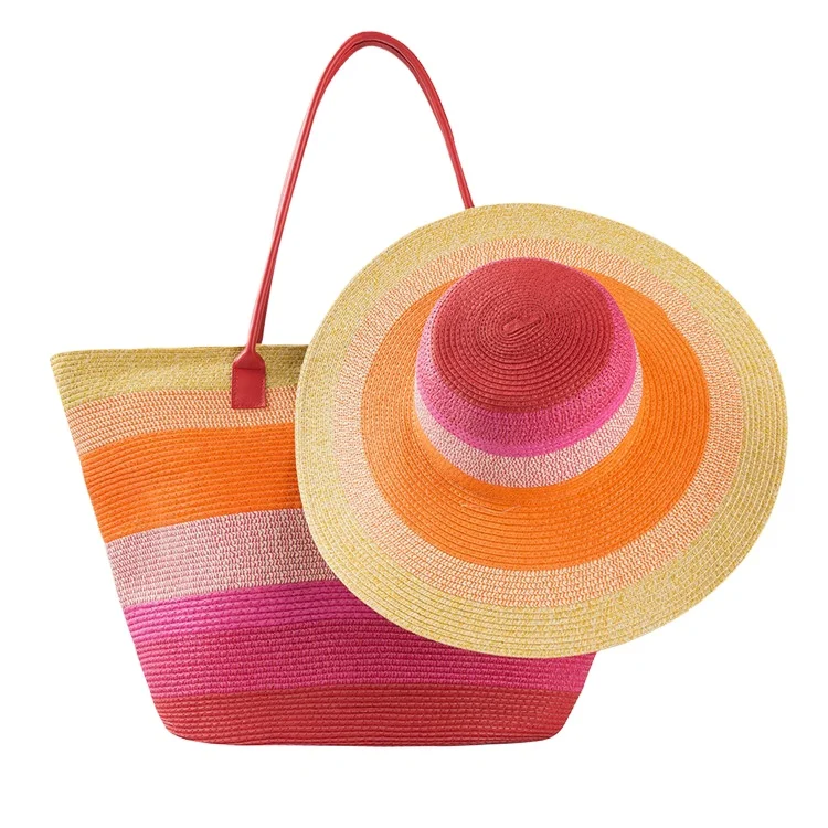 JAKIJAYI Factory price bohemia rainbow colorful hat stripe paper straw beach bag set for women