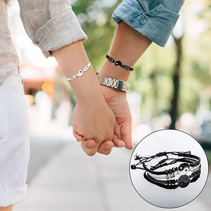 2 Pieces Matching Yin Yang Adjustable Cord Couple Bracelet with Necklace Set,Yin Yang Couple Pendant Necklace Chain