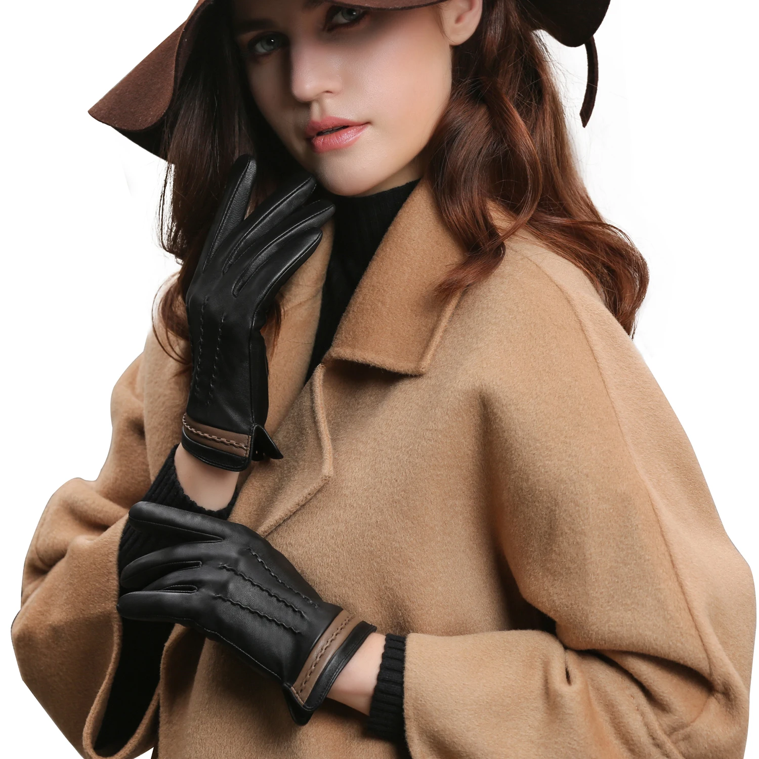 GSG Classic Color Block  Wool Lined Touchscreen Winter  Womens Sheepskin Leather Gloves Black Brown