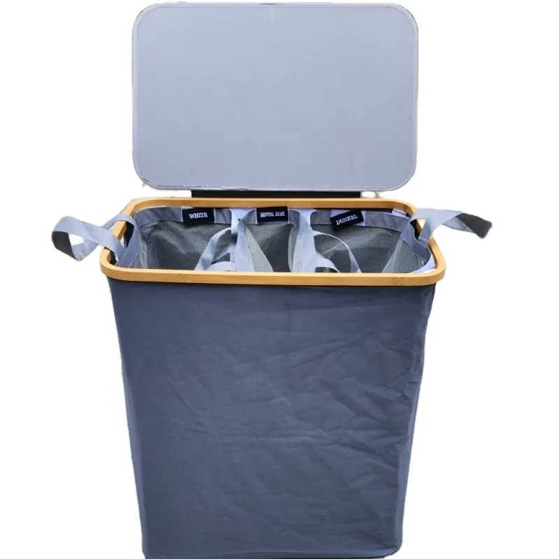 Customized 150L Foldable 3Compartments Laundry  Basket Black Color With 3 Removeable Mesh Bags Bamboo Hamper Toy Storage Boxes