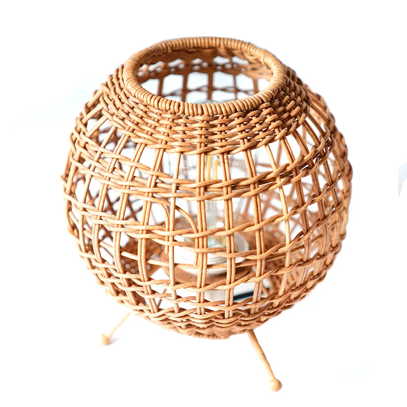 Good Price Handmade Small Woven PE Plastic Synthetic Rattan Bedside Decoration Rattan Table Lamp for Bedroom