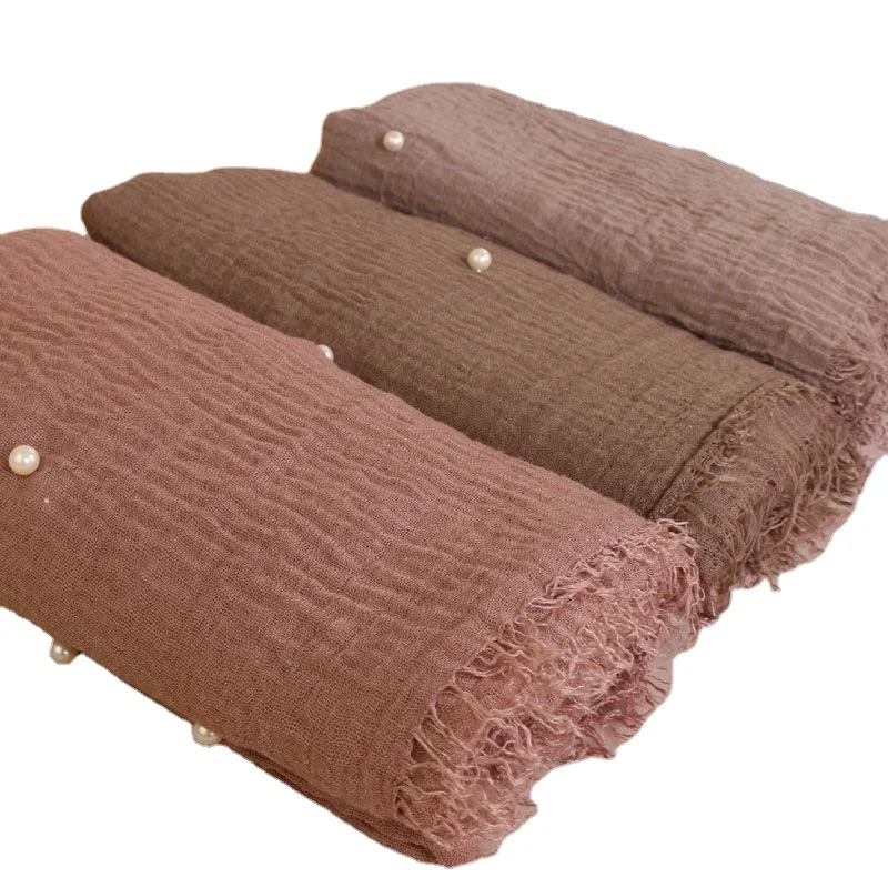 Fashion women plain solid 40 colors crinkle cotton pearl beaded hijab scarf muslim women chiffon beaded hijab scarf wraps