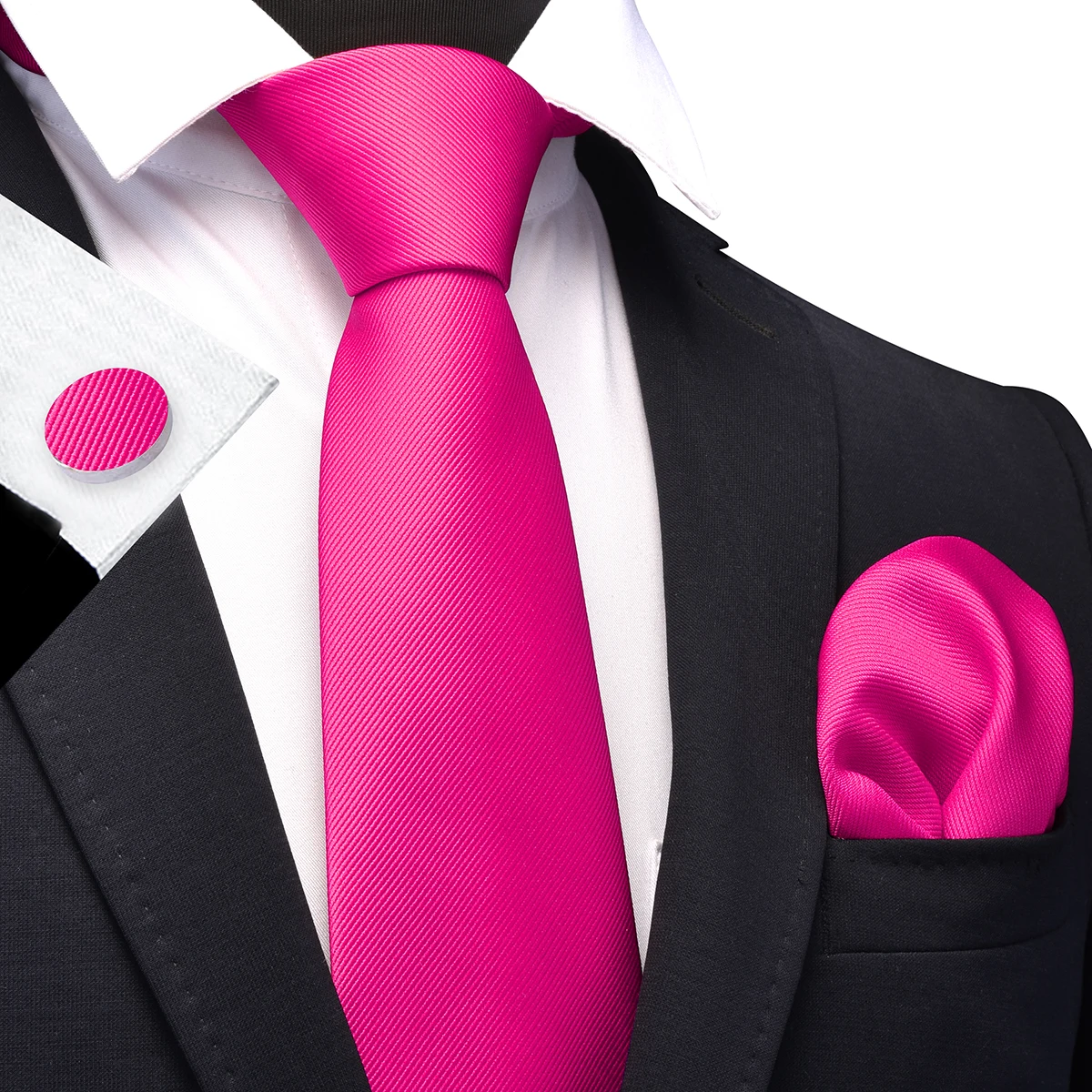 Mens Solid Color Tie and Pocket Square Cufflinks Set Woven Silk Plain Jacquard Necktie Handkerchief for Men Wedding Party Formal