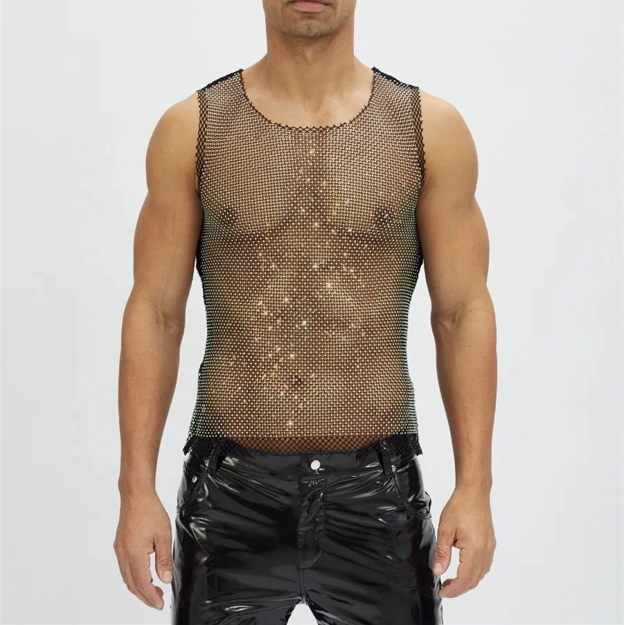 PATON handmade A/B Rainbow Crystals Raw Cut Mesh Tank Top (Crew Neck) with shine-like-diamond top-quality rhinestones