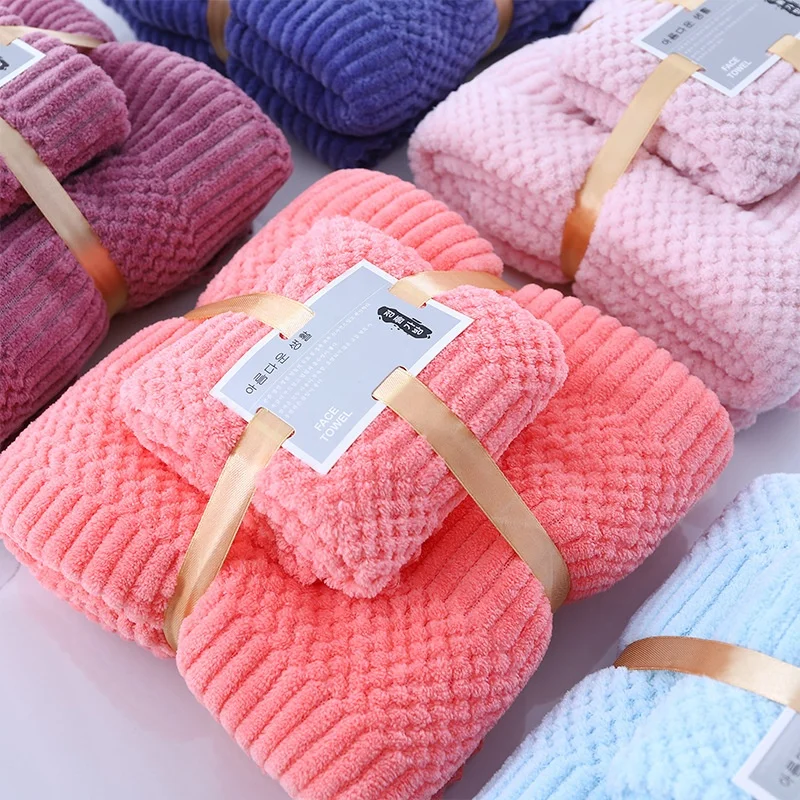 2pcs Solid Color Household Coral Fleece Towel Set Soft Absorbent Hand And Face Towels For Bathroom