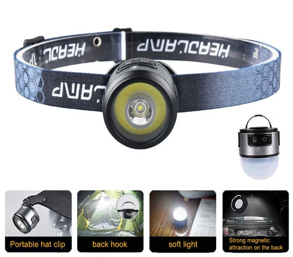 New multi-functional LED headlight clip light camping tent reading with strong magnetic lampshade work warning light