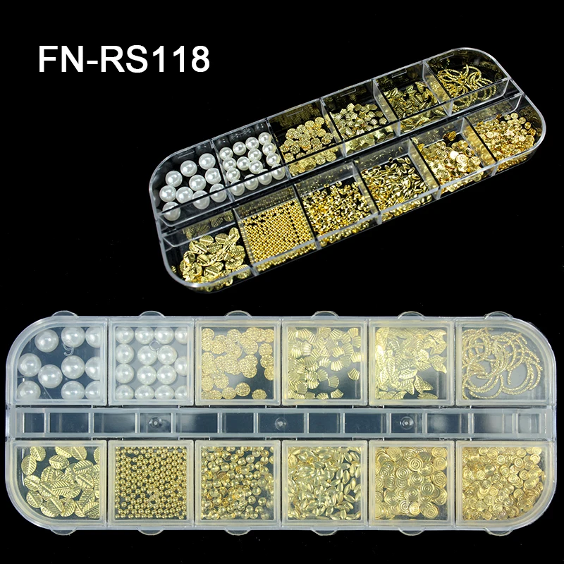 wholesale stock boxes gold 12 designs 3D Metal nail art decoration kit accessories for Beauty Charms Rivet