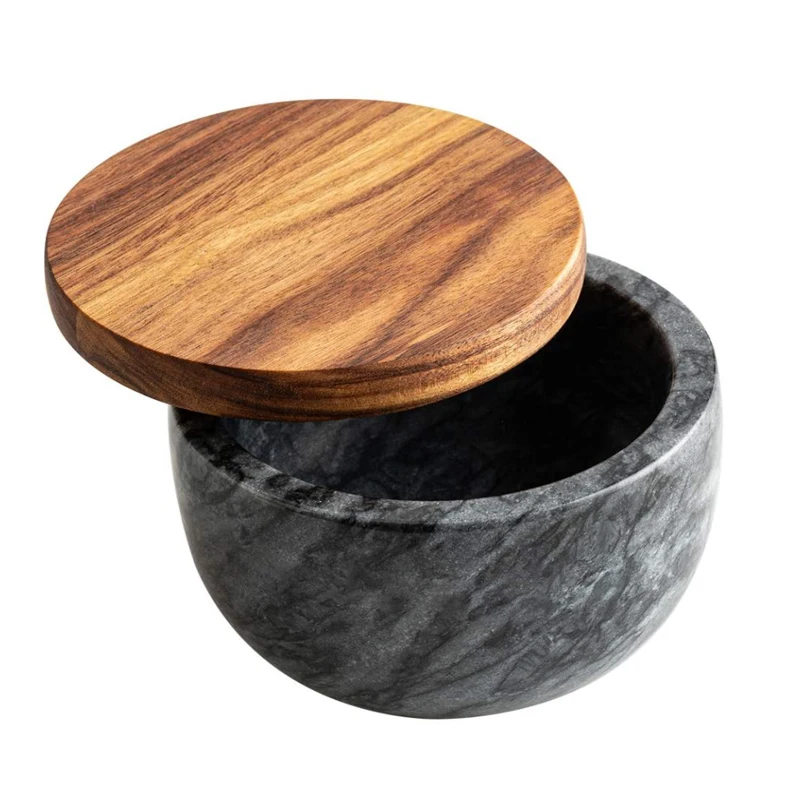 Wooden Salt Box Black And White Marble Base Wood Cover Salt Keeper
