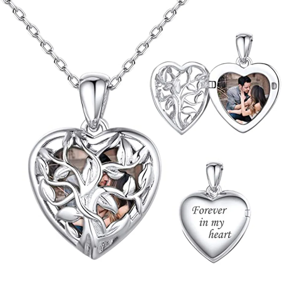 Photo Locket Pendant 925 Sterling Silver Tree  life Heart Necklace