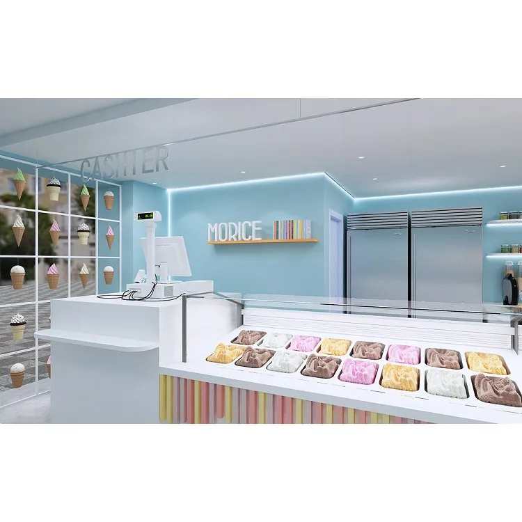 Blue Nice Ice Cream Store Design Ice Cream Display Showcase Ice Cream Cart Kiosk Customized Indoor Yogurt Snack Shop