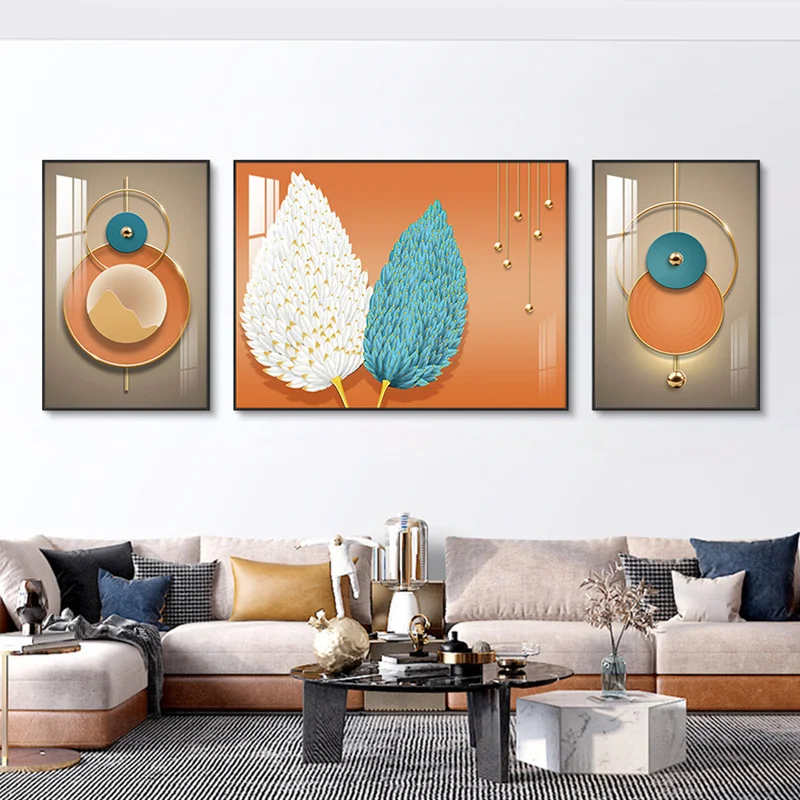 Living Room Decoration Painting Modern Simple Abstract 3pcs Mural Light Luxury Feather Crystal Porcelain Painting