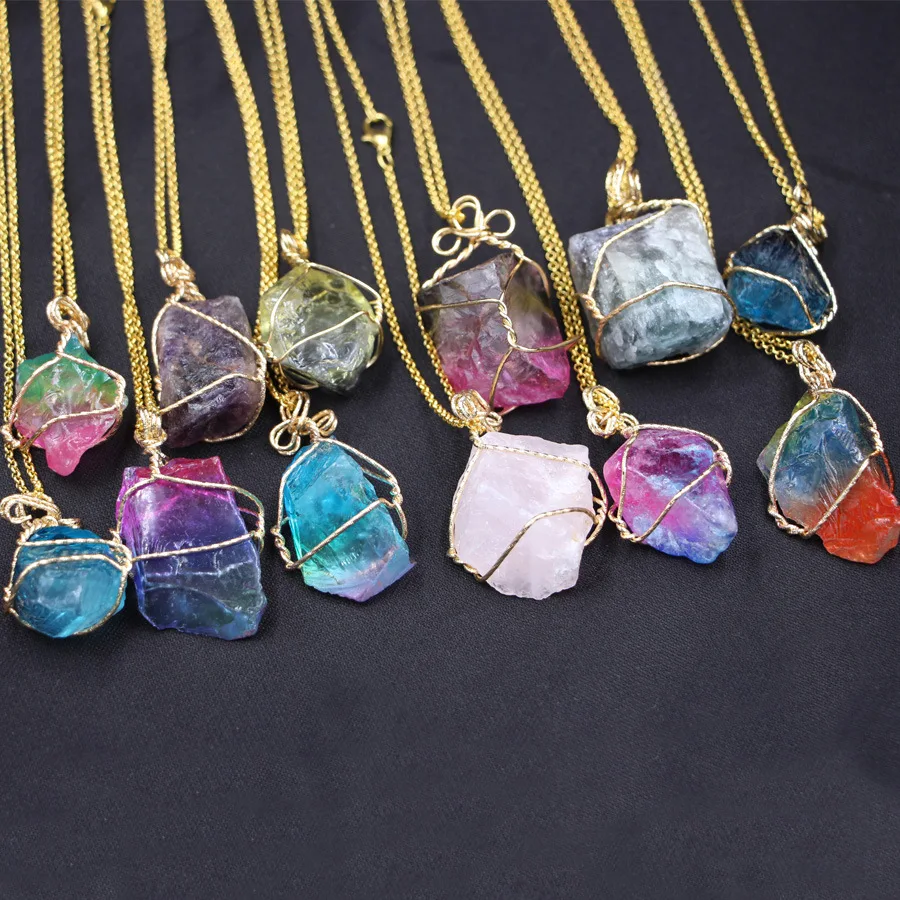 
Creative Winding Colorful Copper Alloy Jewelry High Quality Sweater Chain Natural Crystal Stone Pendant Necklaces 