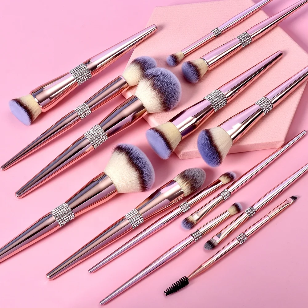 14pcs Luxury glitter diamond bling private label makeup brush metal rose gold brush custom logo makeup brushes set