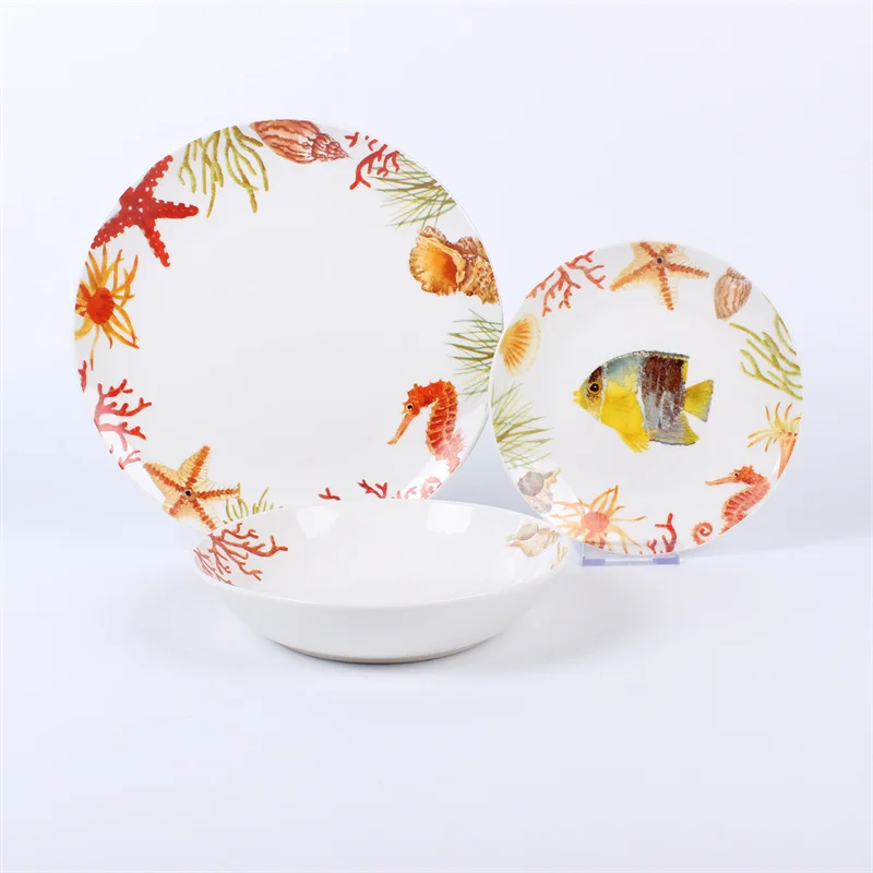 Sea coral porcelain dinnerware set ceramic for 6, hotel restaurant porcelain tableware set serving food bowls and plates
