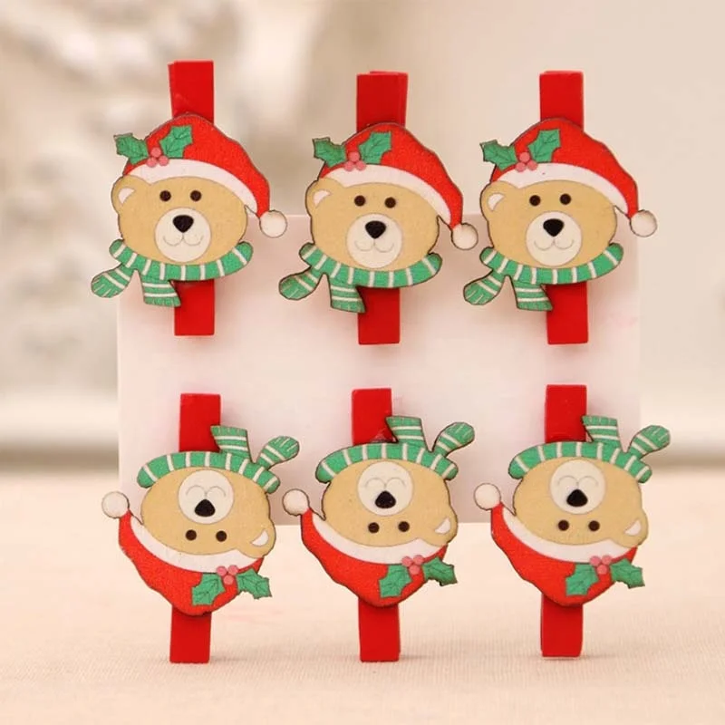 6 Pcs/pack Cute Mini Christmas Santa Claus Snowman Elk Bear Wooden Clips Clothes Photo Paper Memo Clothespin Craft Clips Gifts