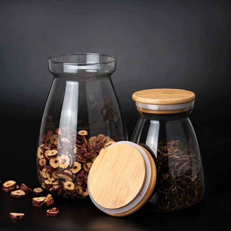 High quality borosilicate glass transparent T Shape glass jars with bamboo lid for spice