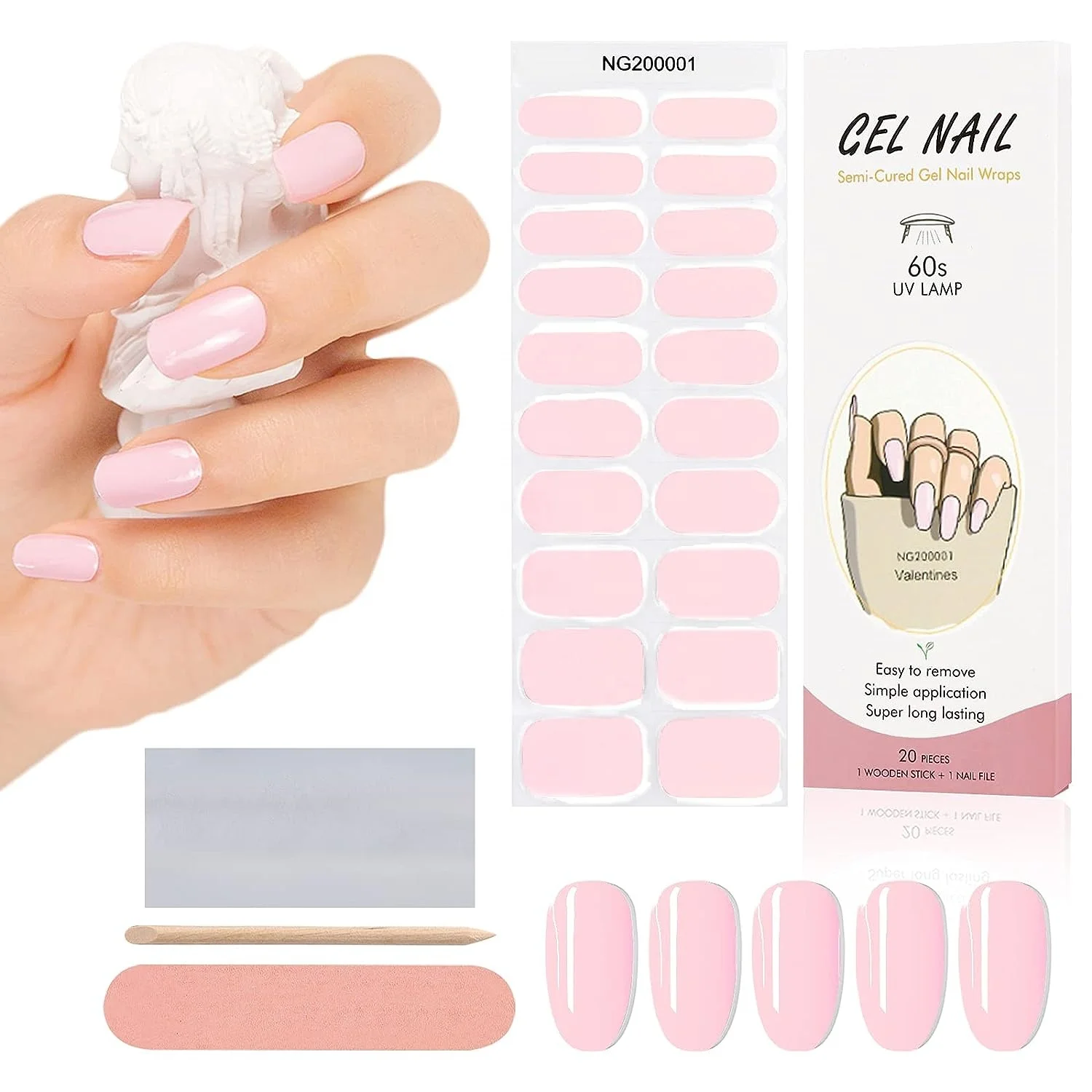 Pink semi cured Gel Nail Stickers with uv Light 20 Gel Nail Wraps