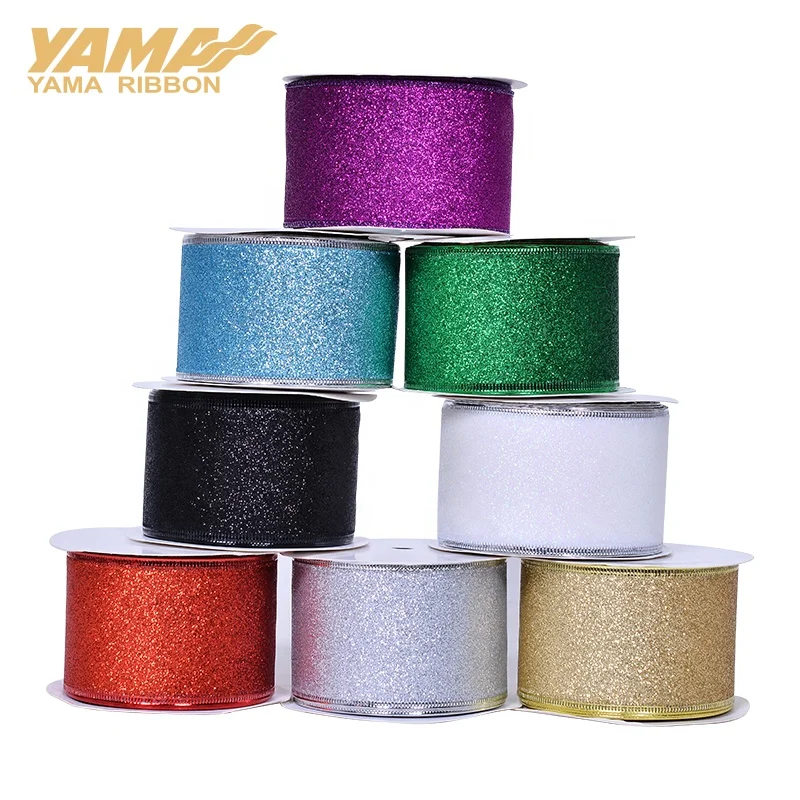 Yama Ribbon Free Sample Stock 2.5inch 63mm 10yards Christmas Wire Edge Glitter Ribbon Roll