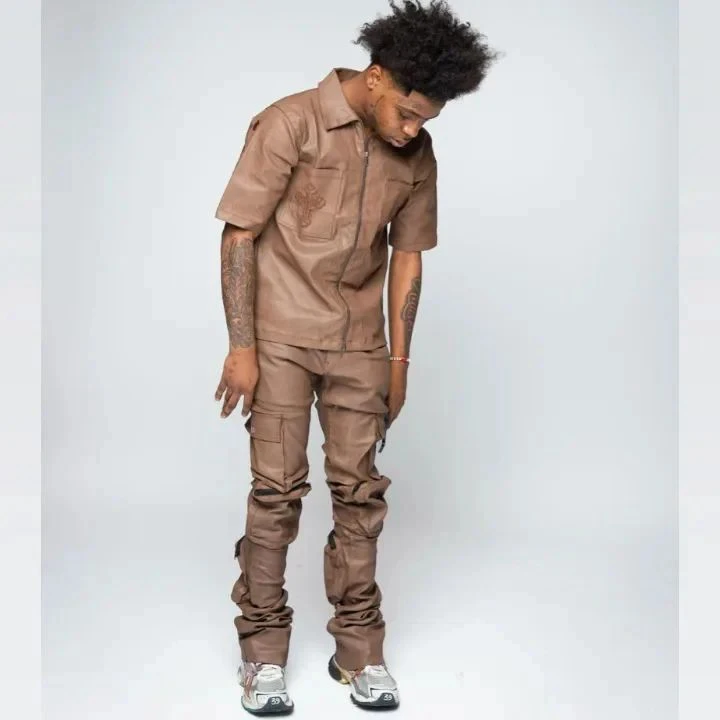 Custom Logo Leather Set Black Men Pockets Zip Up Overalls Mens 2 Piece Leather Set Shirt And Pants Set