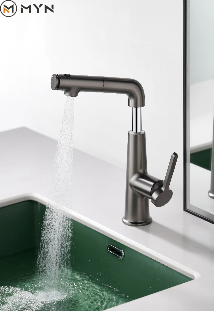 Modern design key switch water brass bathroom faucet hot and cold water control pull out pull up wash face basin faucet