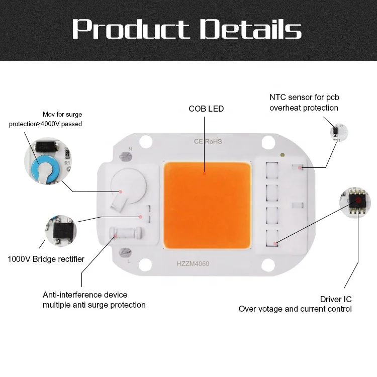 AC 110V 220V 20W 30W 50W COB Chip Driverless Cob Led Grow Light Chip Full Spectrum 380nm 840nm For Indoor Plant