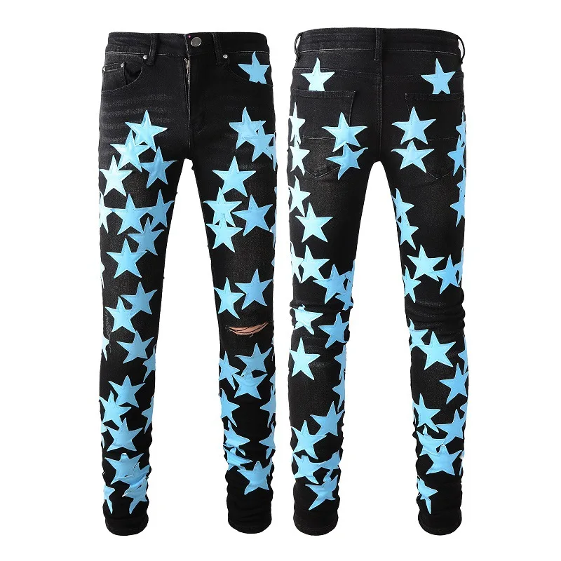 Customization Wholesale star patched pants jeans Streetwear Hip Hop male Ripped slim fit Stretch Denim Men skinny Jeans