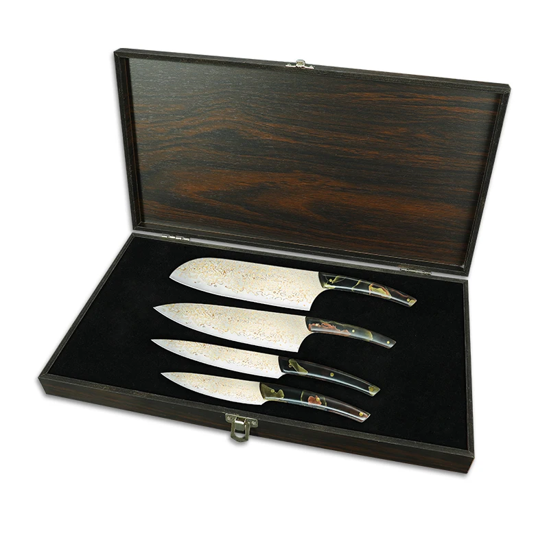 2024 New Arrivals Exquisite 4 Pieces Gilt Damascus Resin Handle  Santoku Paring Chef Knives Set With Wooden Storage Box