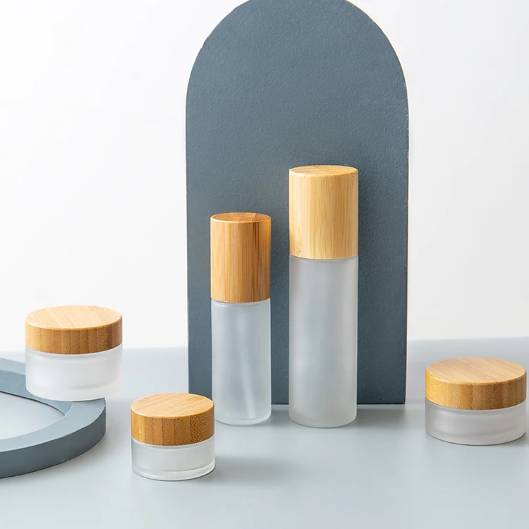 Luxury frosted glass jar with bamboo lid, 15g 30g 50g 100g 150g 200g bamboo wooden cosmetic jar for face cream