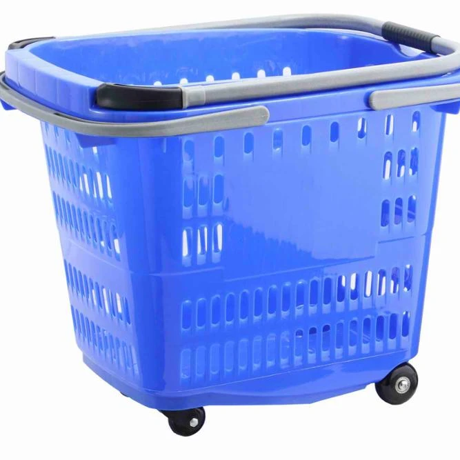 MOQ 20 PCS Stacking 50L Supermarket Plastic Rolling Cart With 4 Wheels, Folding Handles Shopping Basket