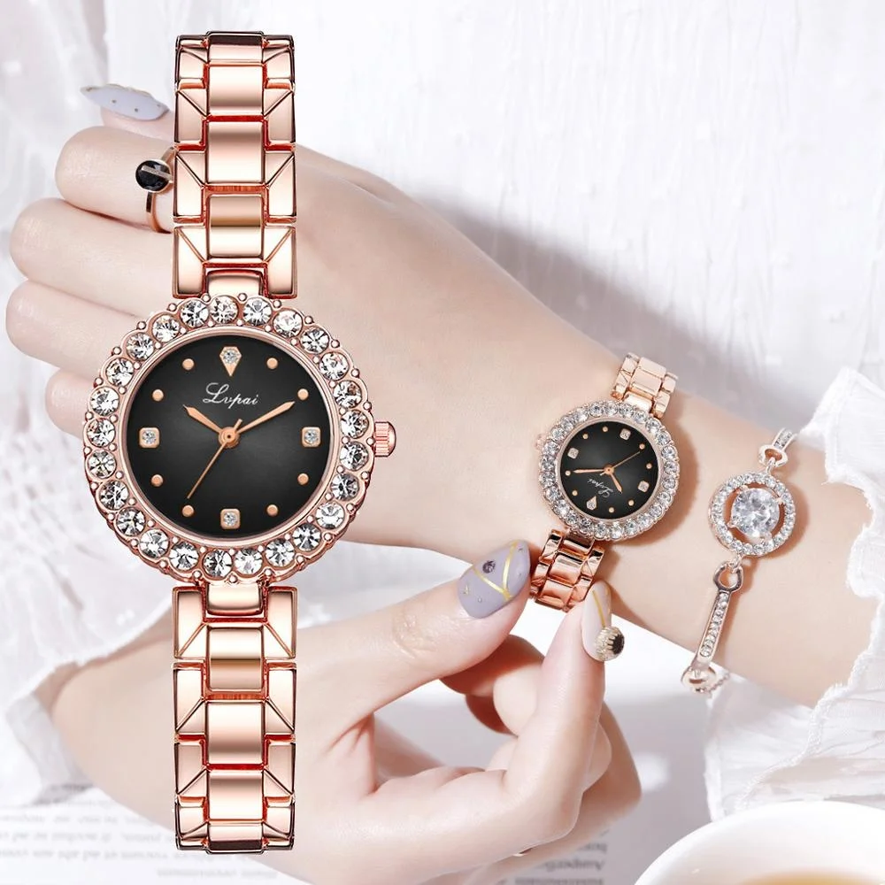 Beautiful Girls Hand Watches Fashion Diamond Rose Gold Metal Women Watch And Bracelet Sets