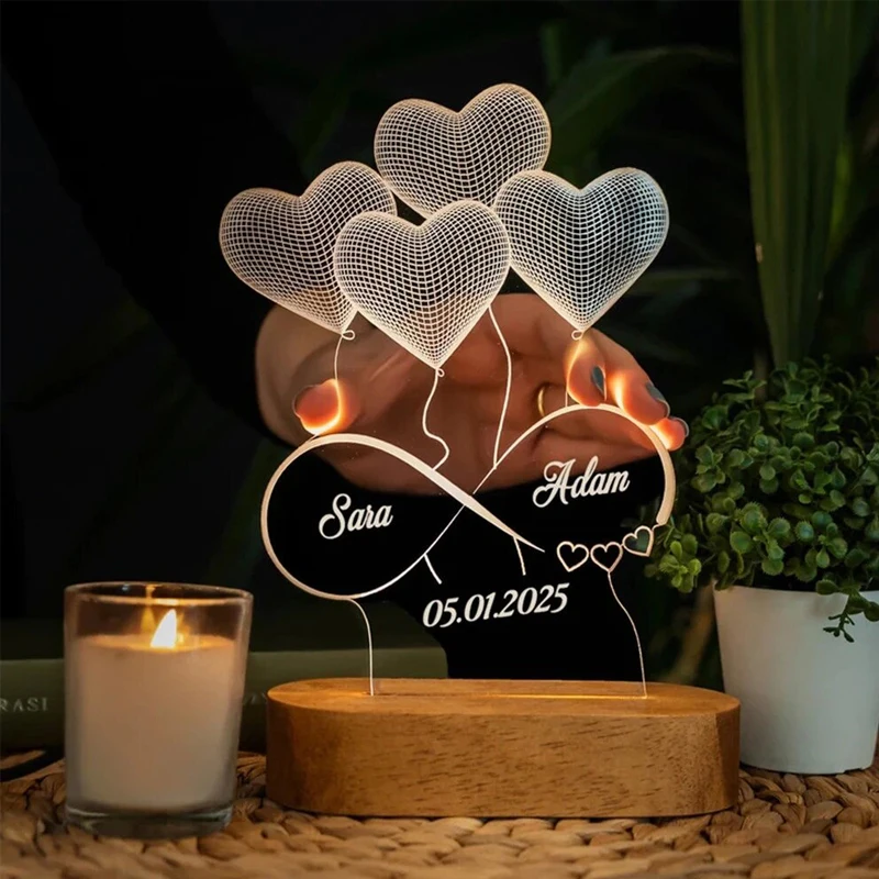 Diy Custom Creative Kids Room Gift Loving Heart Acrylic Wooden Base RGB LED 3D Night Light